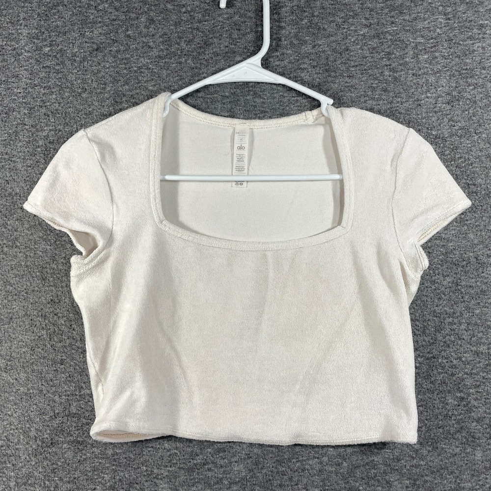 Alo Yoga Terry Beachside Short Sleeve Crop Top Ivory Small Womens White